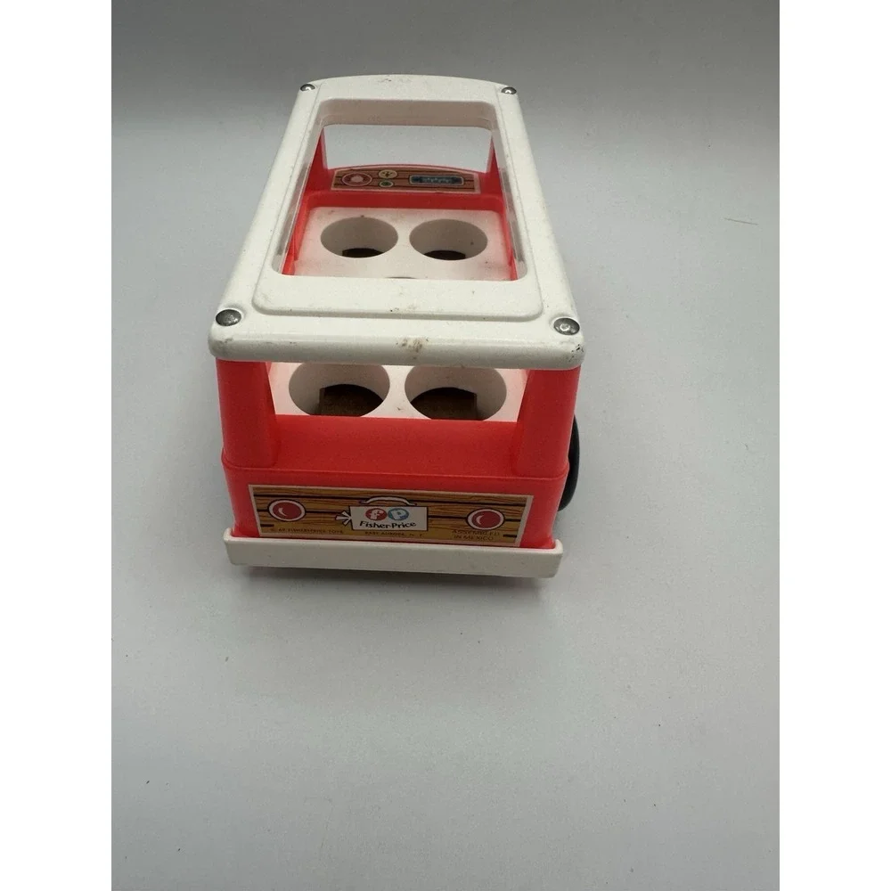 VTG FISHER PRICE LITTLE PEOPLE PLASTIC RED & WHITE MINI-BUS‎ TOY WOOD BASE 1969
